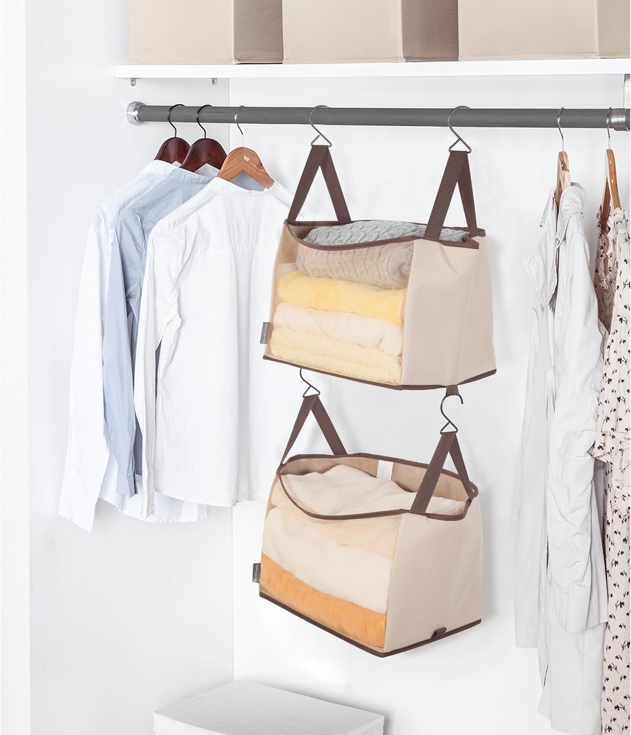 Storage Maniac 2-Shelf Hanging Closet Organizer - Canvas Shelf with Hooks for Dorms & Bedrooms | Beige