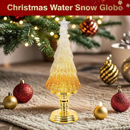 Christmas Tree Snow Globe Lantern with 6H Timer - USB & Battery Operated (Gold Tree)