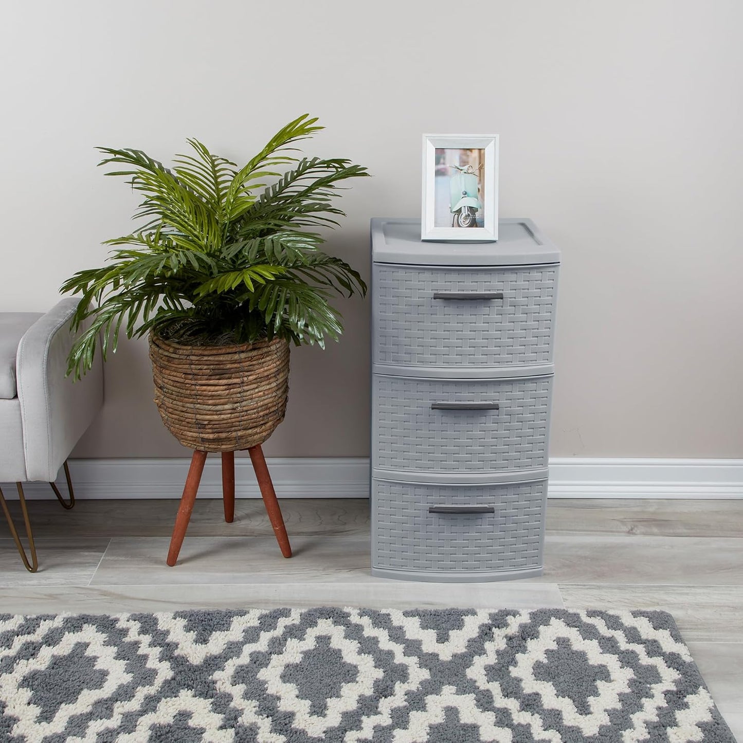 Sterilite 3 Drawer Storage Tower - Lightweight Plastic Weave Organizer in Cement | Ideal for Bedrooms, Closets, Bathrooms