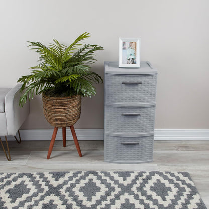 Sterilite 3 Drawer Storage Tower - Lightweight Plastic Weave Organizer in Cement | Ideal for Bedrooms, Closets, Bathrooms
