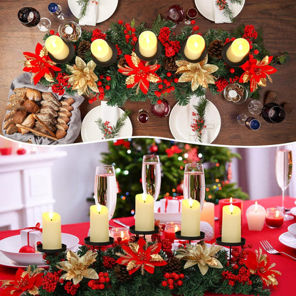 Sliner Christmas Tabletop Centerpiece - 30-Inch Poinsettia Candle Holder with 5 LED Flameless Candles & Pine Cones