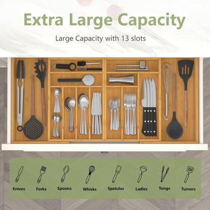 Suli Silverware Drawer Organizer - Adjustable Bamboo Utensil Holder for Forks, Knives & Spoons | Expandable 22in-37in