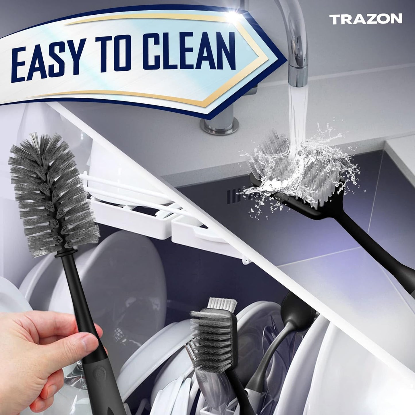 Skiennix Dish Brush Set of 4 - Non-Slip Kitchen Scrub Brushes for Easy Cleaning | Black
