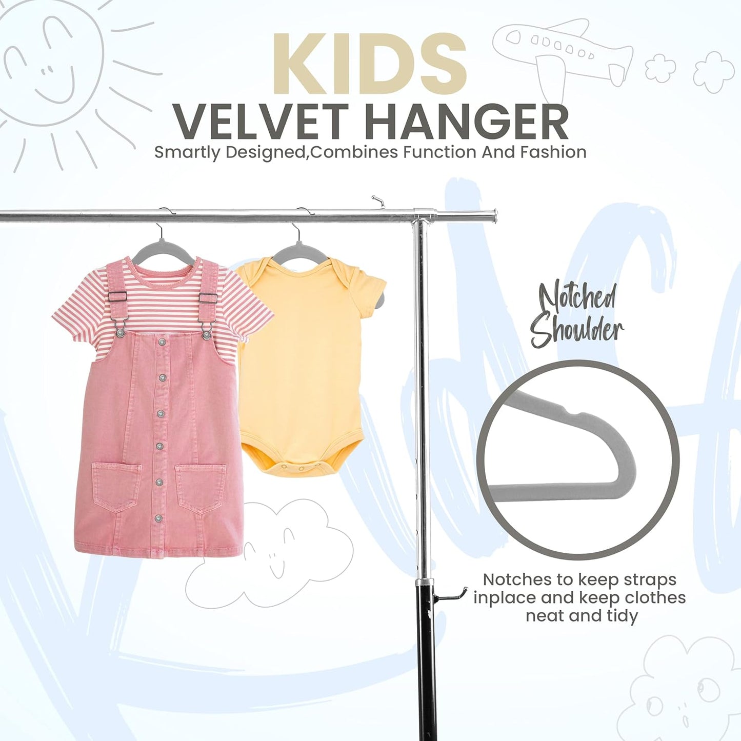 Utopia Home Velvet Hangers - 50 Pack Non-Slip 11 Inch Baby & Toddler Closet Organizers | Grey