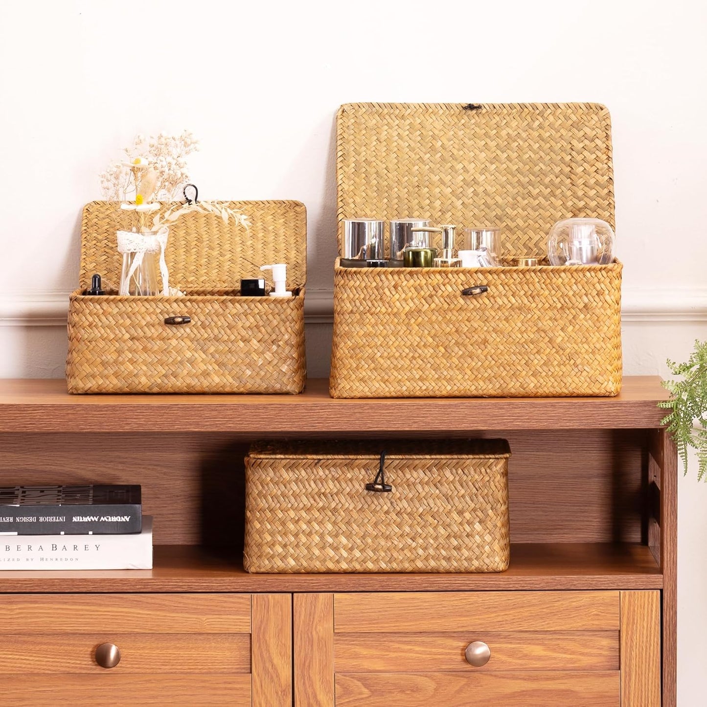 Nonam Storage Basket Set - Natural Seagrass Bins with Lids for Boho Home Organization | Set of 3 Rectangular Baskets