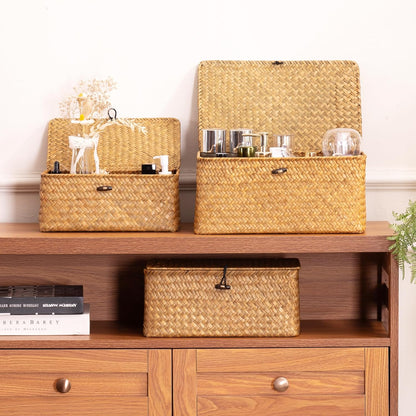 Nonam Storage Basket Set - Natural Seagrass Bins with Lids for Boho Home Organization | Set of 3 Rectangular Baskets