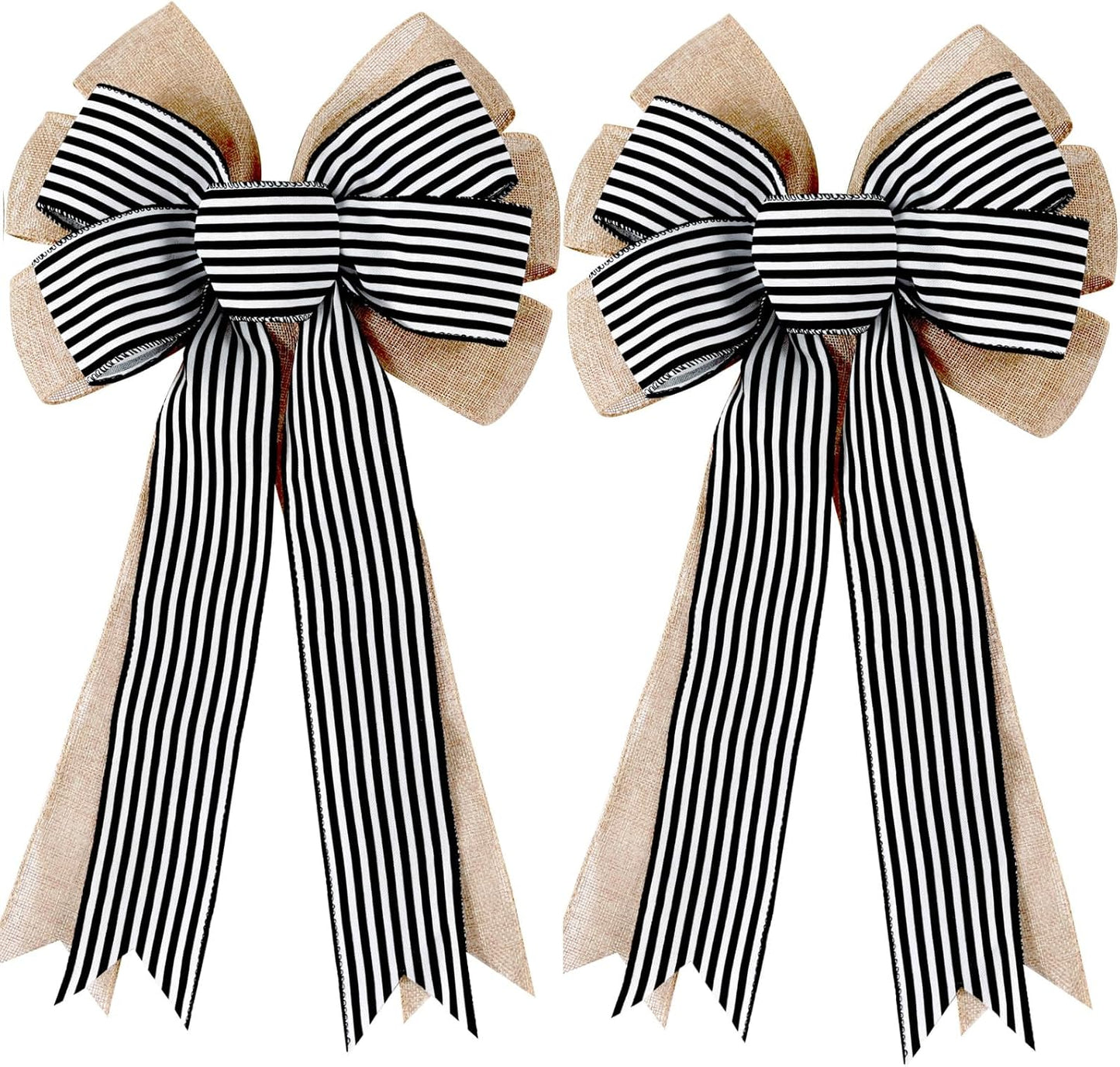 Regine Switzerland 2-Pack Black & White Stripe Burlap Fall Bows - Rustic Wreath Decorations for Home & Events