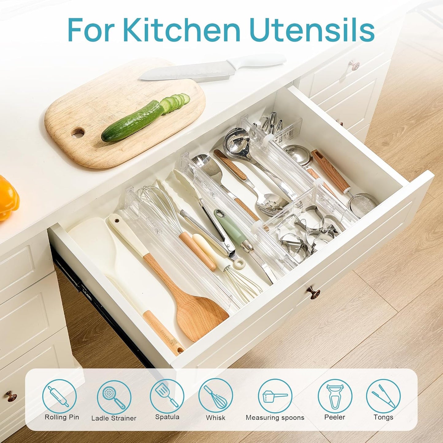 Vtopmart Drawer Dividers - Expandable Kitchen Organizer with 8 Dividers & 14 Inserts | Adjustable 12.8"-22.3" Clear Plastic Separator for Utensils & Cutlery