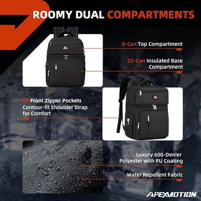 COOLJOB Insulated Cooler Backpack - Leakproof Lunch Bag with Waterproof Liner | Black, Double Roomy Design