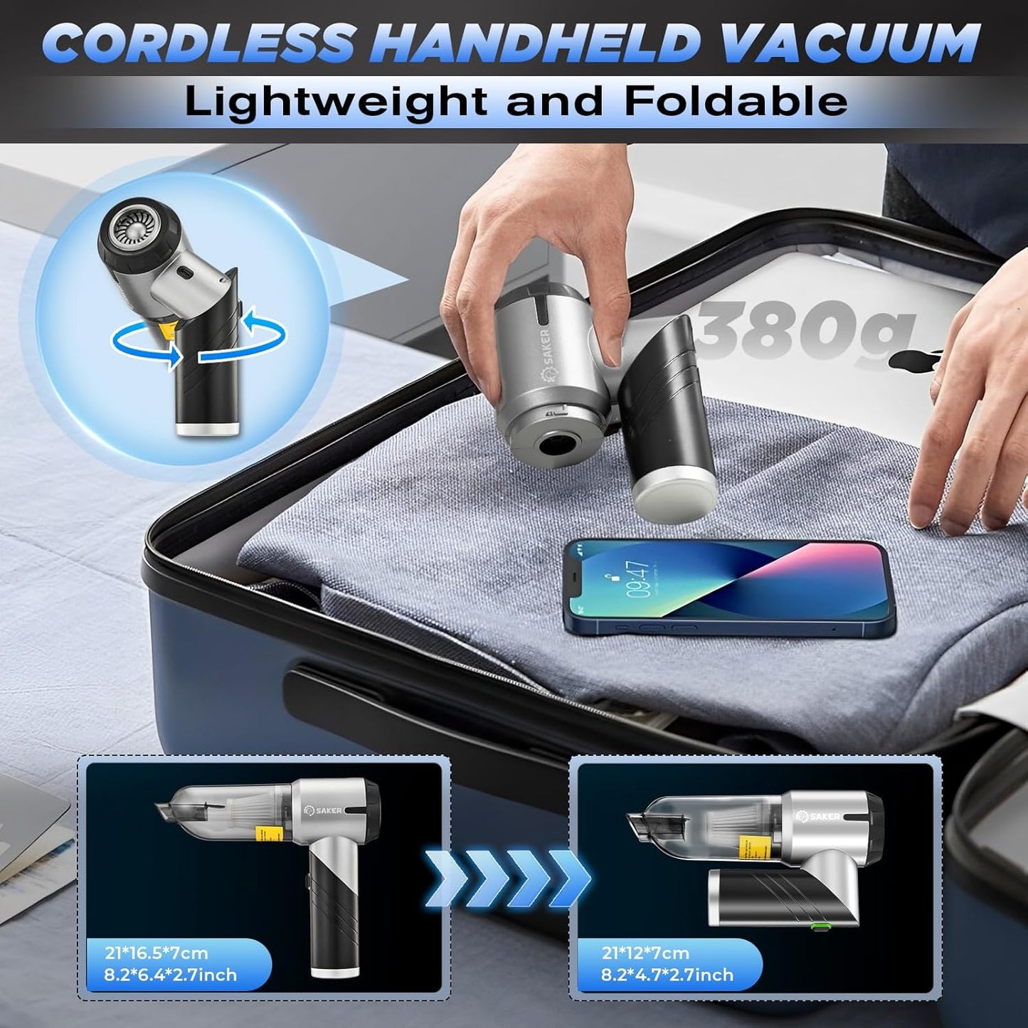 Saker Handheld Car Vacuum - Portable Cordless 17000PA Mini Air Duster & Blower | Rechargeable Black