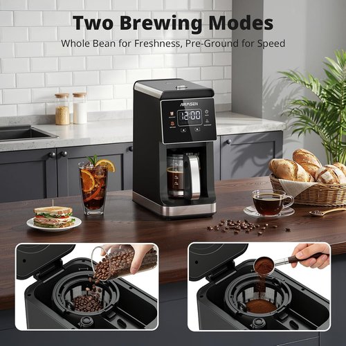 AIRMSEN Grind & Brew Coffee Maker - Programmable 5-Cup Capacity with Built-in Grinder & Auto Keep Warm