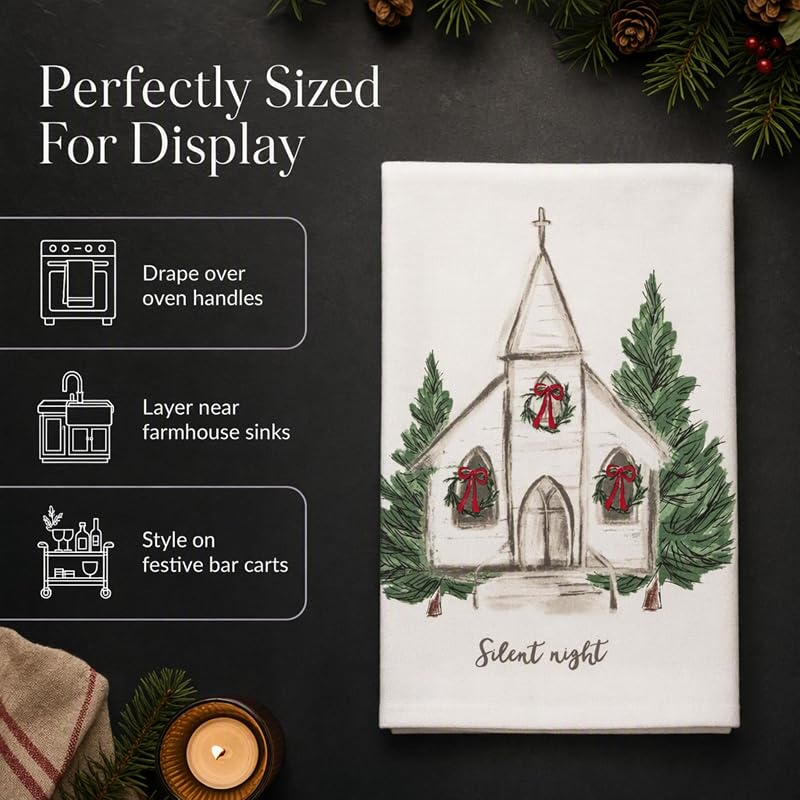 Christian Christmas Kitchen Hand Towel 26x16in Cotton Poplin Snow Church Decor