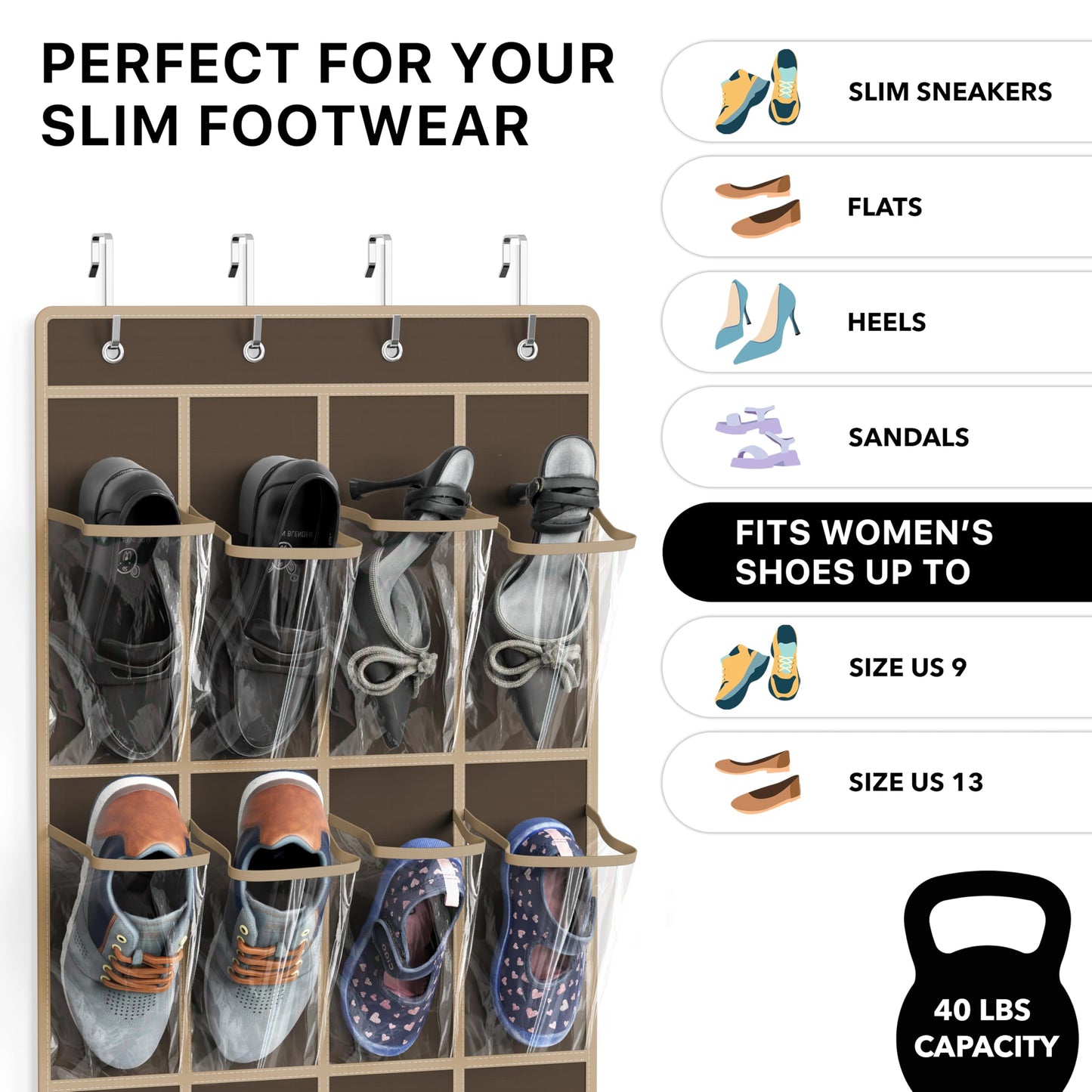 Simple Houseware 24 Pockets - Crystal Clear Over The Door Hanging Shoe Organizer, Brown (64'' x 19'')