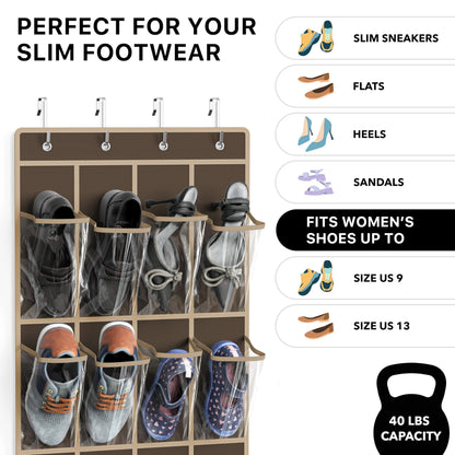 Simple Houseware 24 Pockets - Crystal Clear Over The Door Hanging Shoe Organizer, Brown (64'' x 19'')