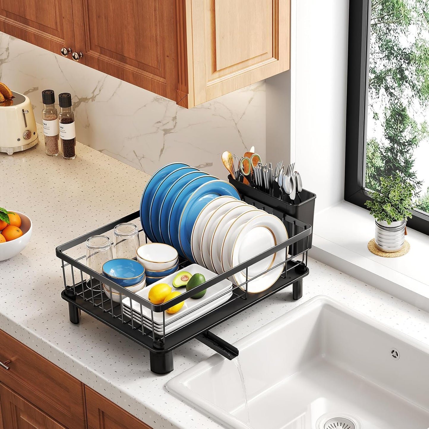 SNTD Dish Drying Rack - Stainless Steel Space-Saving Kitchen Rack with Utensil Holder | 11" W x 15" L (Black)