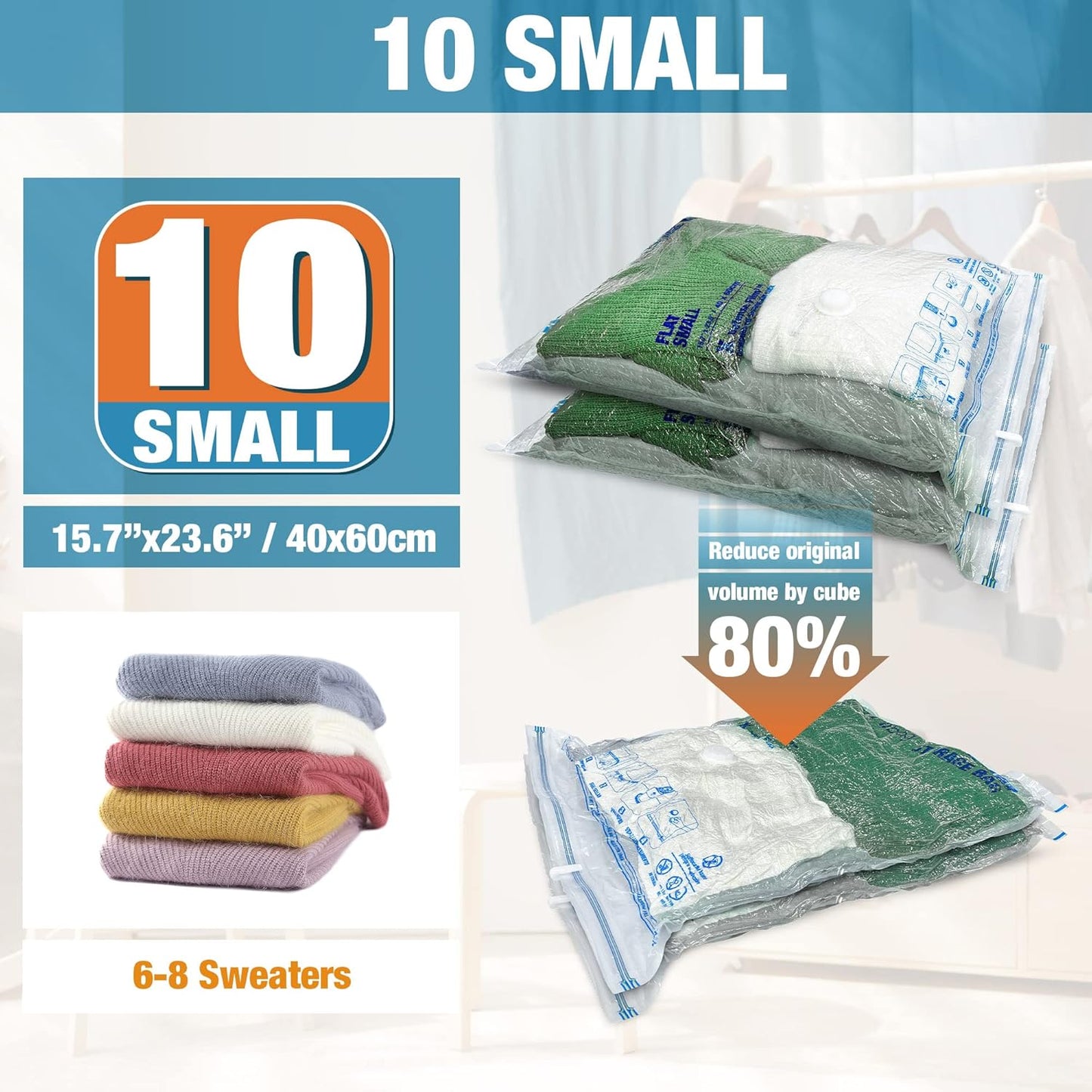 Skiennix Vacuum Storage Bags - 10 Small Space Saver Seal Bags for Clothes with Travel Hand Pump