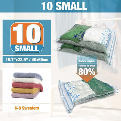 Skiennix Vacuum Storage Bags - 10 Small Space Saver Seal Bags for Clothes with Travel Hand Pump