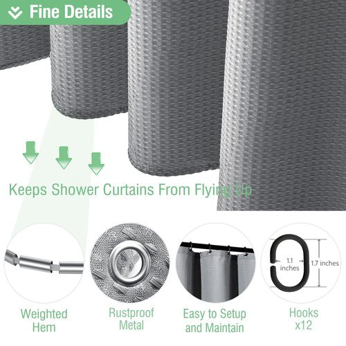 Dynamene Grey Fabric Shower Curtain for Bathroom - Waffle Weave Textured Heavy Duty , 256GSM Hotel Luxury Weighted Cloth Bath Curtain Set with 12 Plastic Hooks,72x72, Grey/Gray