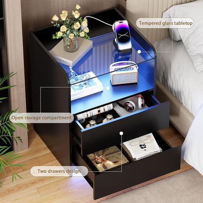 Night Stand with Charging Station and LED Lights - 2 Drawers, Glass Top