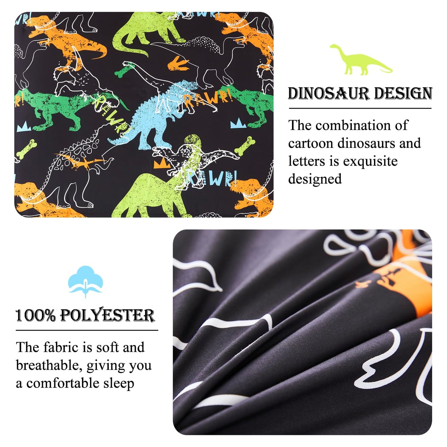 ZSYAYAHA Twin Bed Sets for Kids Dinosaur Boys Bedding Set Black Dinosaur Comforter Set for Girls Teens Soft Lightweight 5 Pieces Bed in A Bag with Sheets(Black, Twin)