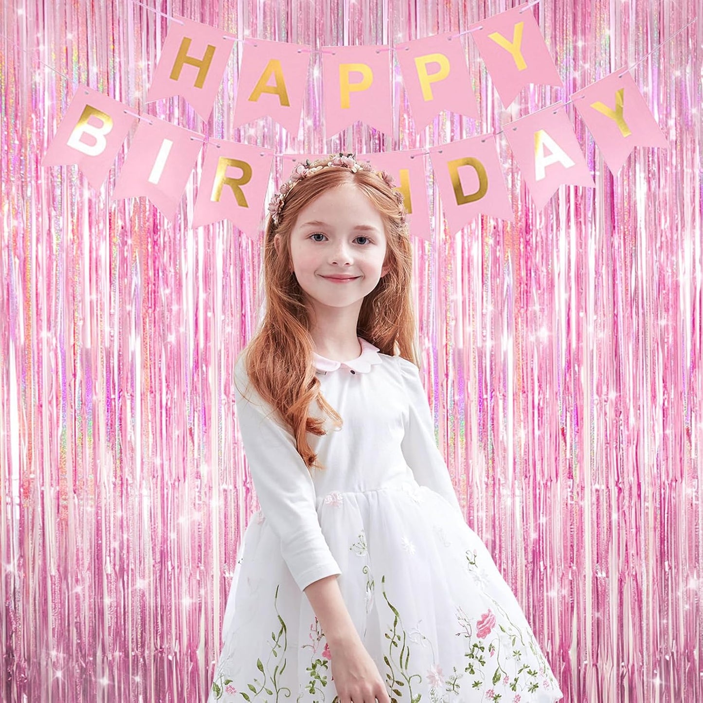 Skiennix Shiny Pink Tinsel Foil Fringe Curtains - 2 Pack Party Backdrop for Birthdays & Showers