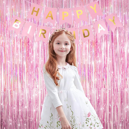 Skiennix Shiny Pink Tinsel Foil Fringe Curtains - 2 Pack Party Backdrop for Birthdays & Showers