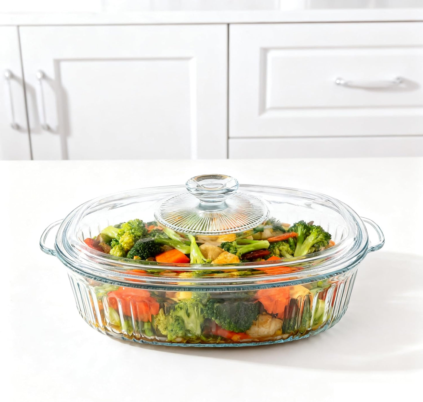 Clear Oval Glass Casserole Dish With Lid - 3Qt Baking Dish for Oven | Durable Cookware for Cooking & Serving