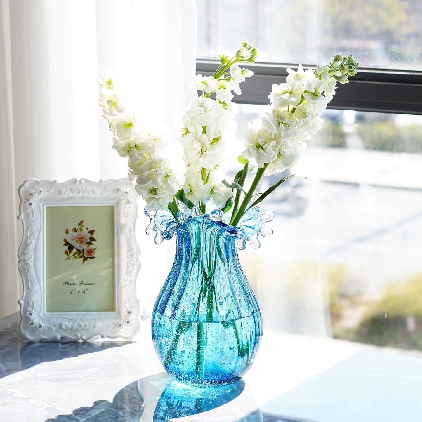 Skiennix 8-Inch Blown Glass Bubble Vase - Modern Art Flower Decor for Home & Office - Blue