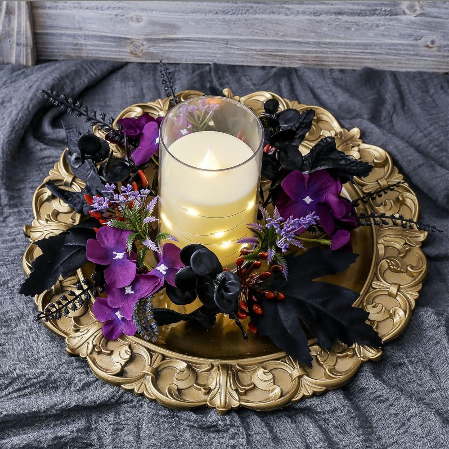 Purple Pansy Halloween Maple Leaf Candle Rings - Gothic Artificial Wreath for Table Centerpieces