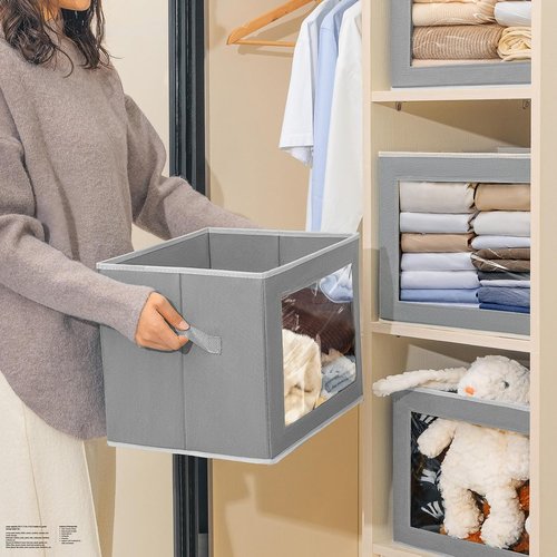 Homsorout Storage Bins - Foldable Fabric Baskets with Window & Handle | 3-Pack Grey Organizers
