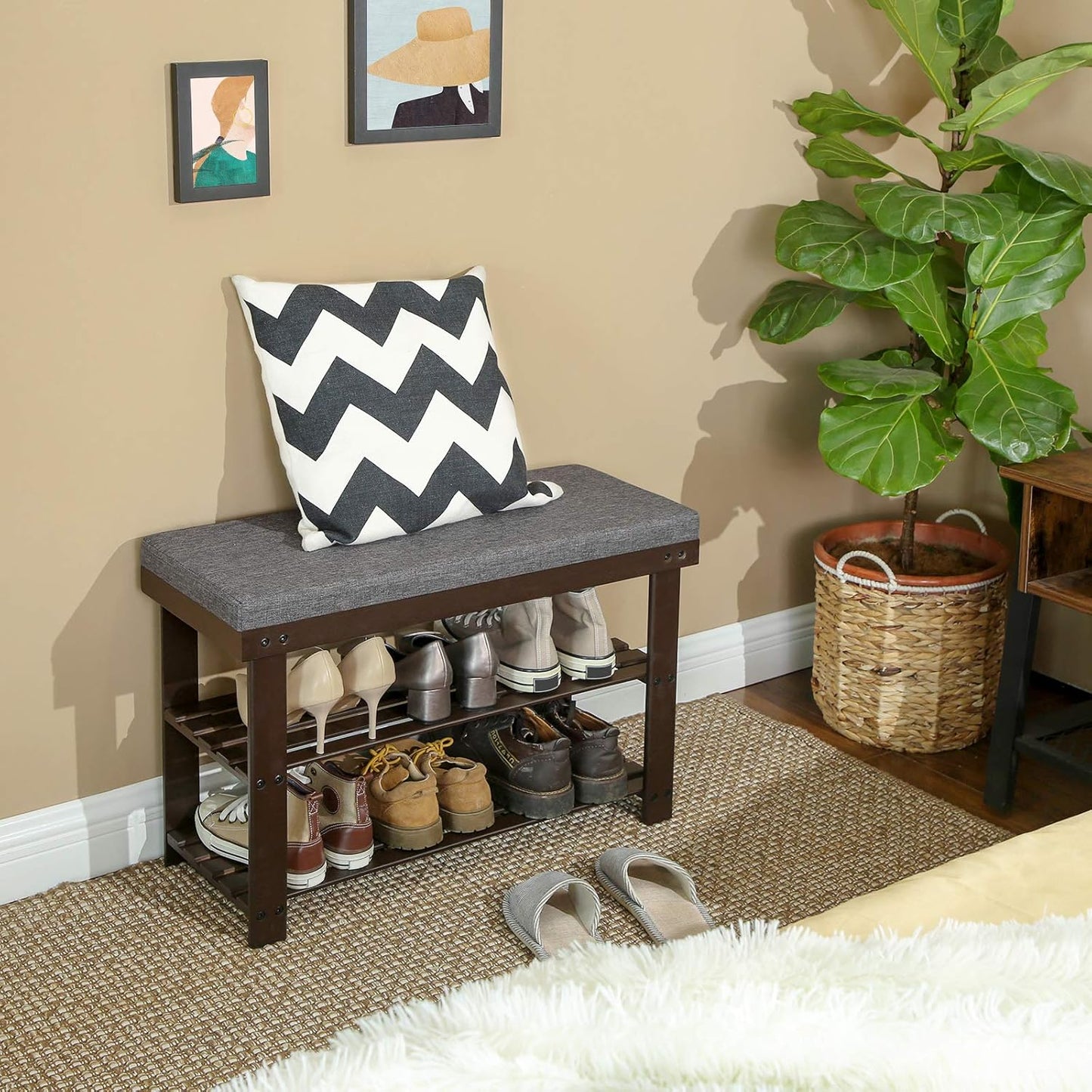 SONGMICS Bamboo Shoe Bench - 3-Tier Shoe Rack Organizer for Entryway | Holds Up to 300 lb, Rustic Walnut & Slate Gray, 11.9 x 28.3 x 19.2 Inches