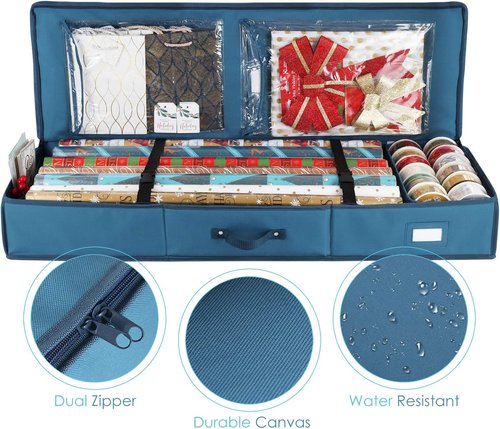 Hearth & Harbor Wrapping Paper Storage Container - Tear-Proof Gift Wrap Organizer for 22 Rolls - Blue