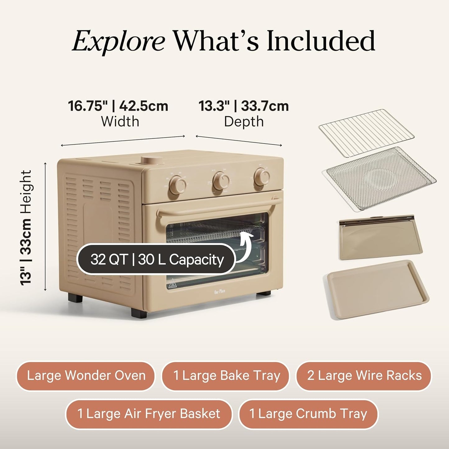 Our Place Large Wonder Oven - 6-in-1 Stainless Steel Air Fryer Toaster Oven Combo | 32 QT Capacity, Includes Basket, Rack & Pan