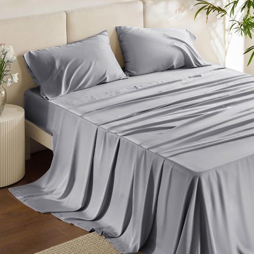 Bedsure California King Sheet Set - Cooling Rayon Sheets from Bamboo | Breathable, Soft & Deep Pocket 16" - Silver Grey