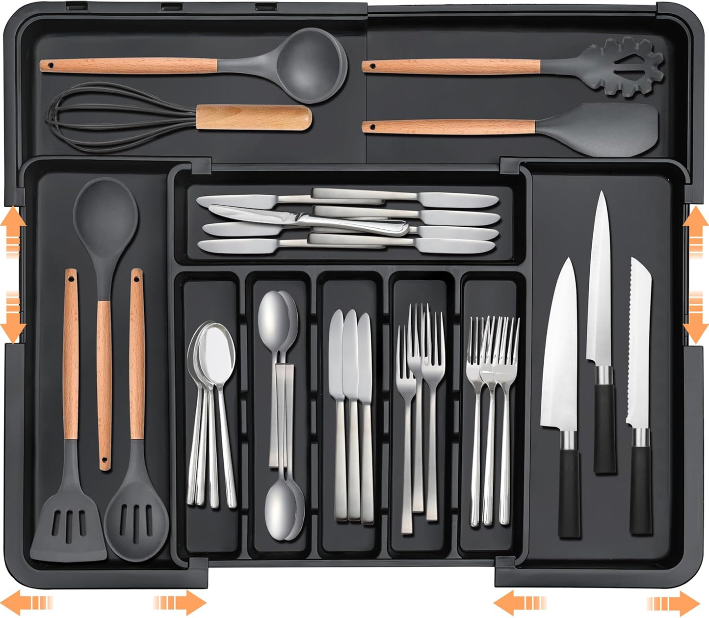 Spaclear Silverware Organizer - Expandable Kitchen Utensil Tray | Adjustable BPA-Free Cutlery Storage, Black