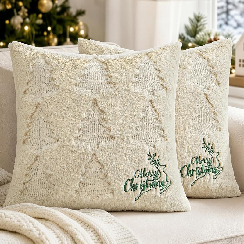 MIULEE 20x20 Inch Christmas Pillow Covers Set of 2 — Beige & Green with Tree & Reindeer Pattern (Variation: Beige and Green+20" x 20" (Pack of 2))