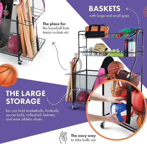 HOME IT Garage Sports Equipment Organizer - Heavy-Duty Ball Storage Rack with Rolling Wheels & Baskets | Large Capacity