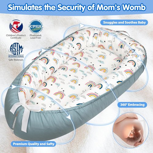 BUTOA Baby Lounger - Soft & Breathable Newborn Nest for 0-24 Months | Portable & Lightweight (Blue-Rainbow)