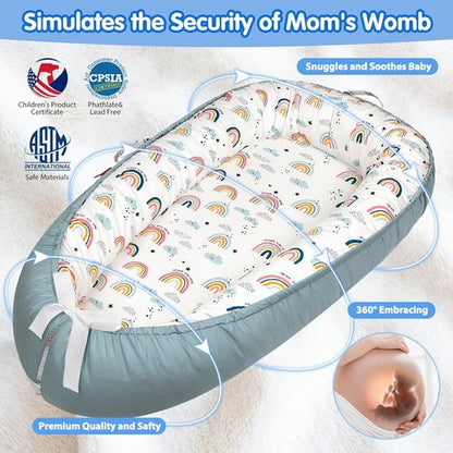 BUTOA Baby Lounger - Soft & Breathable Newborn Nest for 0-24 Months | Portable & Lightweight (Blue-Rainbow)
