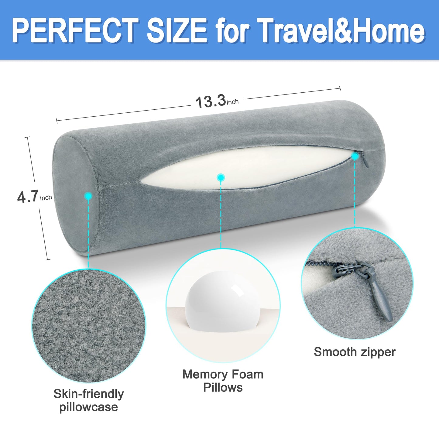 urnexttour Cervical Neck Pillow 2 Pack Memory Foam Round Roll Pillows for Pain Relief Firm Neck Brace Lumbar Pillows Grey 13.3 x 4.7 Inches