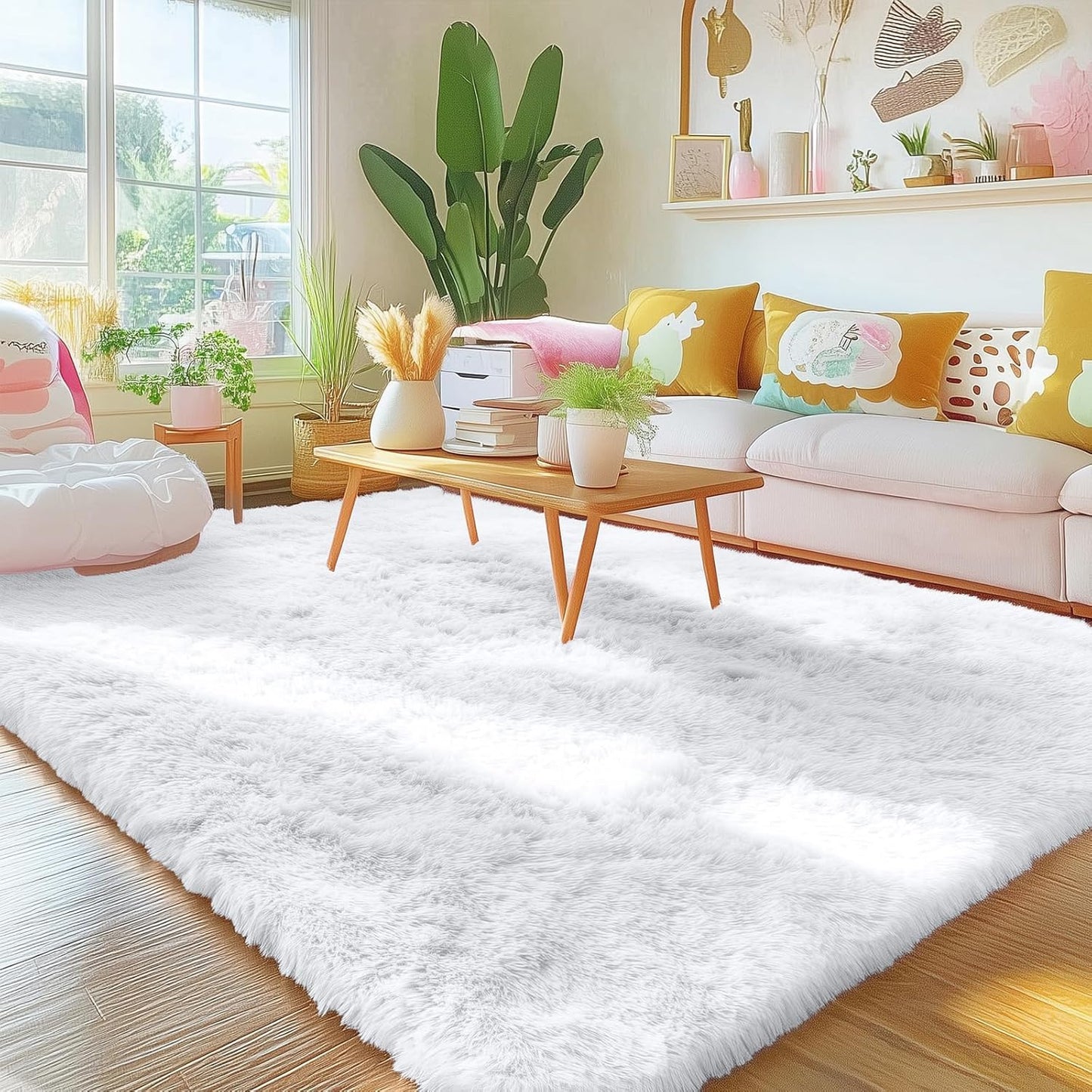 OLANLY 5x5 Area Rug - Soft, Fluffy Shaggy Design for Living Room & Bedroom | Machine Washable, White
