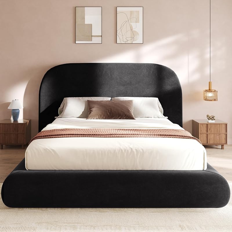 Queen Size Cloud Bed Frame with Headboard - Curved Velvet Upholstered Bed, Black