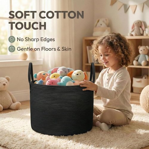 JMvicyroam Extra Large Blanket Basket - Woven Cotton Rope Laundry Hamper with Reinforced Handles | Machine Washable, Black