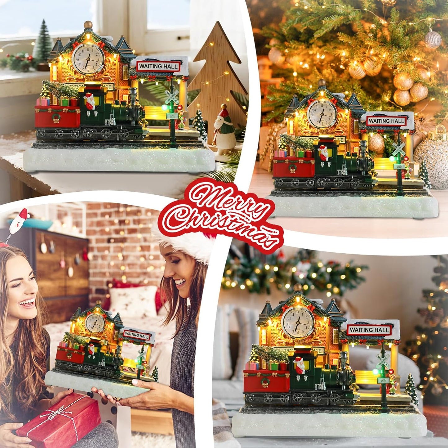 VCUTEKA Animated Christmas Village Train Station - Lighted Musical Santa Decor for Holiday Display