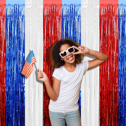Regine Switzerland Foil Fringe Curtain Backdrop - 4 Pack Red, Blue & White Tinsel Streamers | 3.2Ft x 9.8Ft for Parties & Events