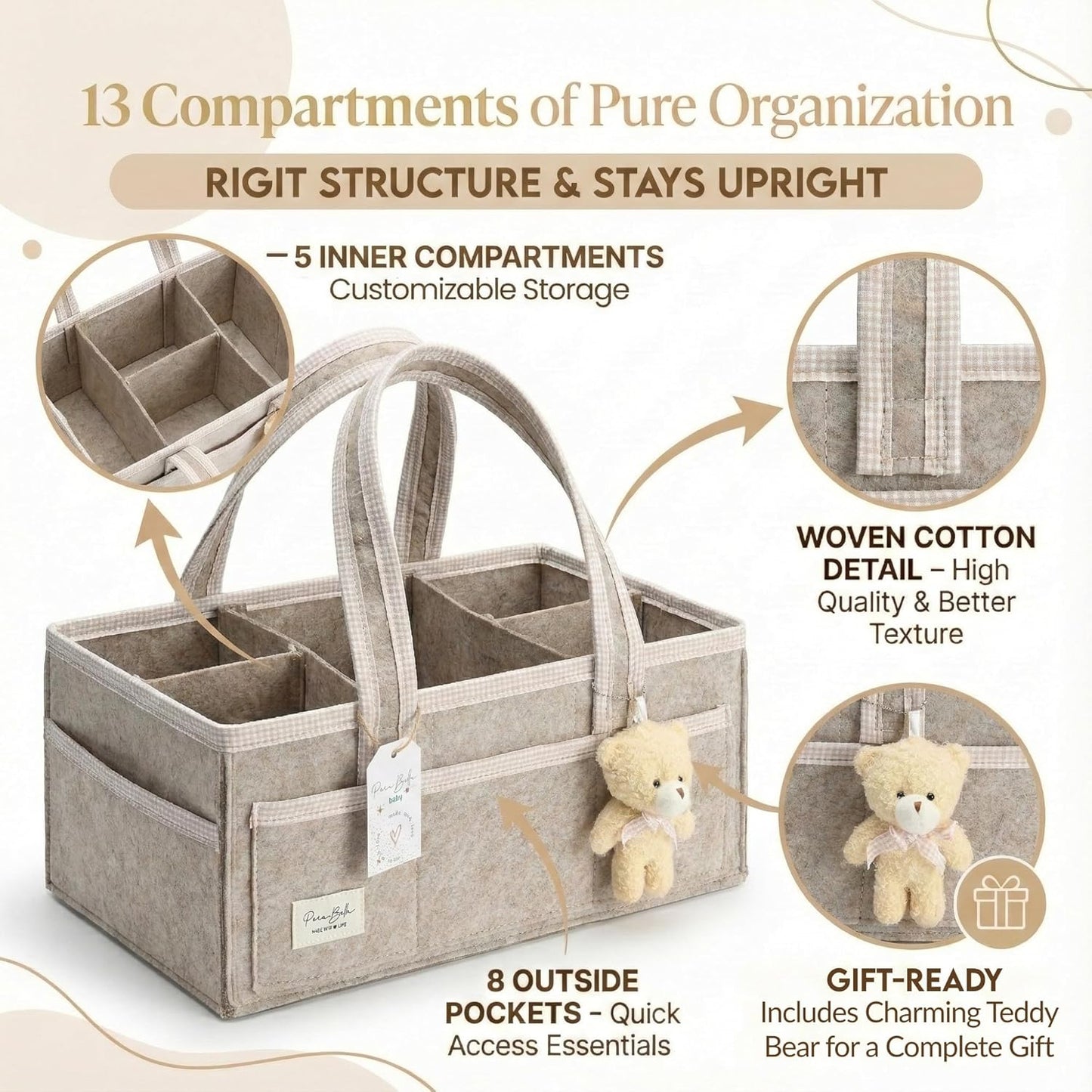 PeraBella Baby Diaper Caddy Organizer - XL Portable Felt Basket for Nursery & Car Essentials