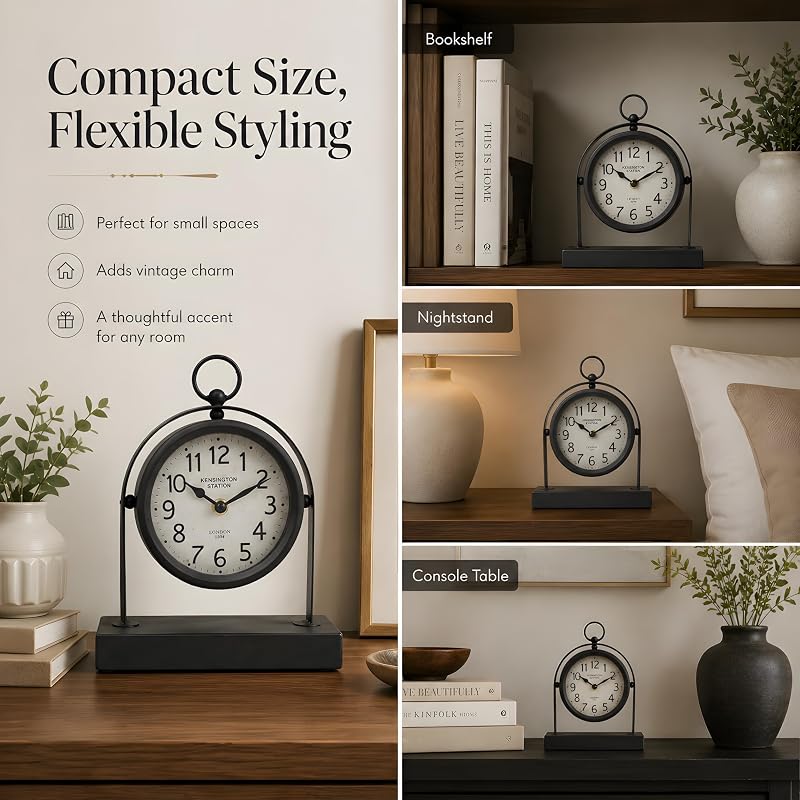 Vintage Black Table Clock with Glass Cover – Silent Mantel Desk Clock
