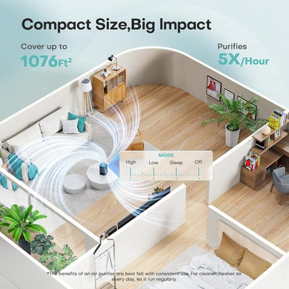 Air Purifier - High Efficiency Filter for Up to 1076 Ft² | Compact & Quiet Design for Pets, Pollen & Smoke - Black