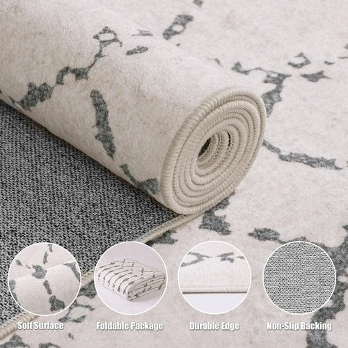 Deerly 5x7 Area Rugs for Living Room, Washable Rugs Moroccan Boho Farmhouse Rug with Non-Slip Backing, Soft Low Pile Indoor Floor Carpet Neutral Rug for Bedroom Dining Room, Off White/Grey