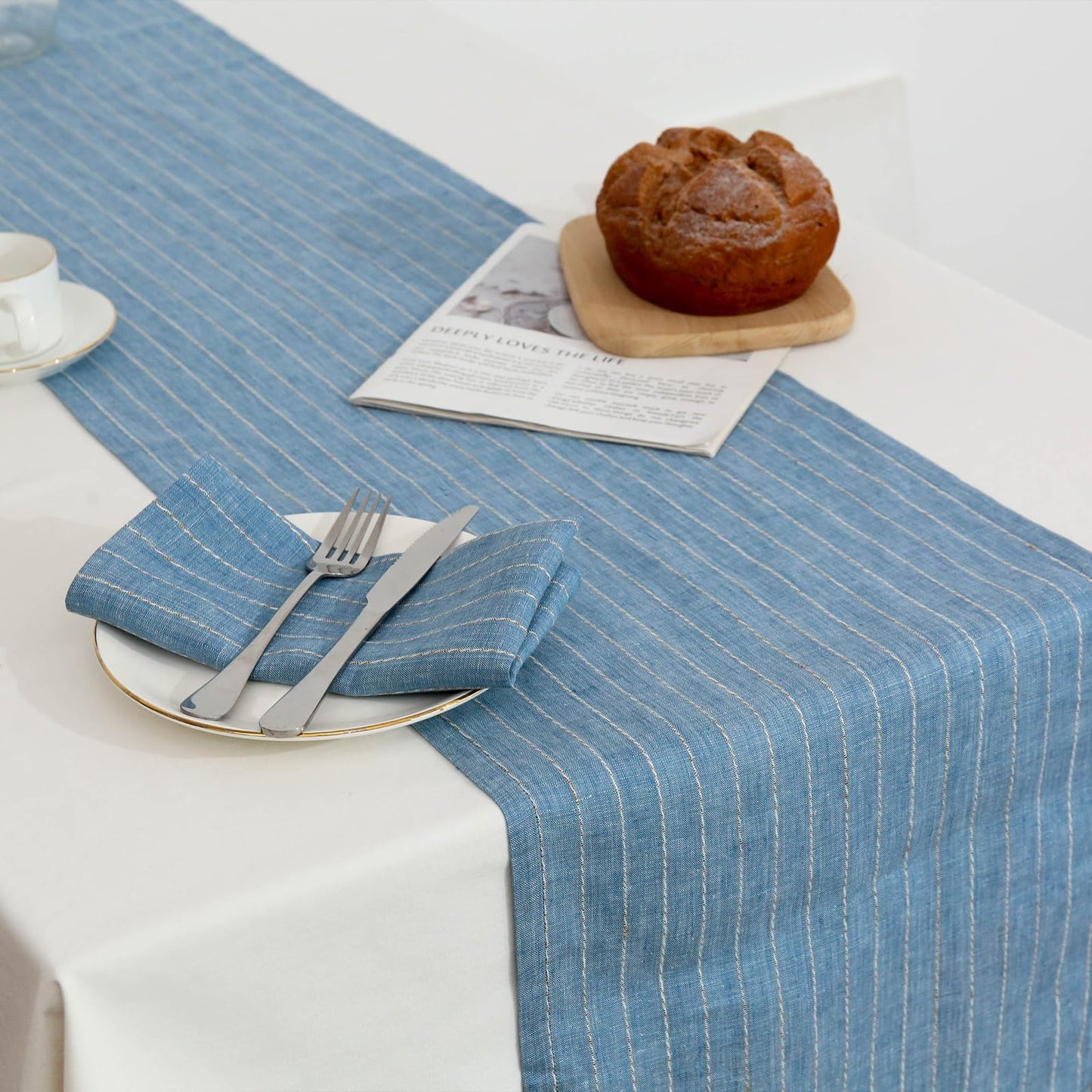 HSOFTIFY 100% Pure Linen Napkins Set of 4 -French Stripe 18 x 18 Inch Handmade Dinner Cloth Napkins Washable for Wedding, Parties, Everyday, Holidays, Indoor Outdoor (18"×18", Blue)